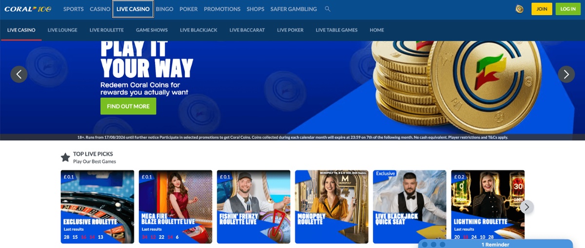 Coral Casino live dealer games